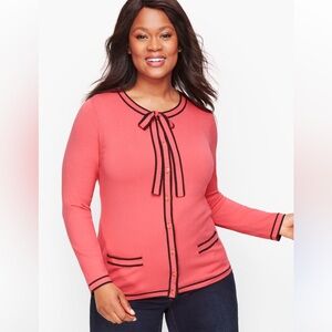 Talbots Tipped Bow cardigan coral with navy trim sz XL